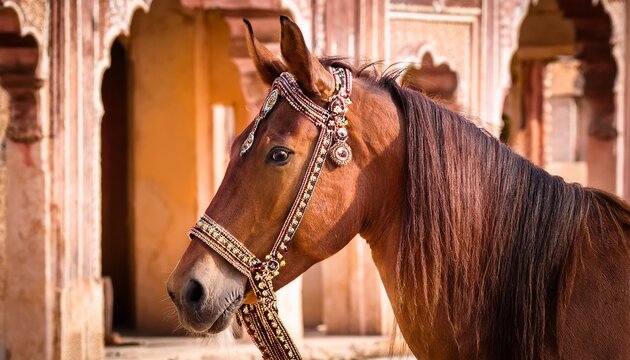 majestic marwari horse in traditional rajasthani haveli courtyard