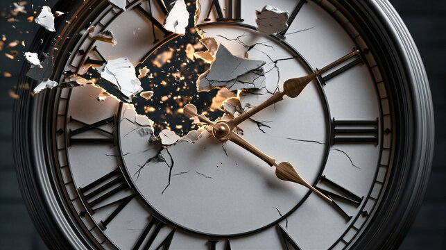 A dramatic image of a clock breaking apart, symbolizing the fleeting nature of time.