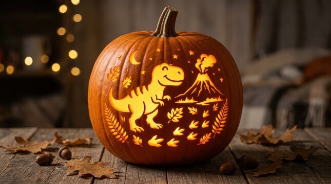Carved pumpkin featuring a cute dinosaur, volcano, and autumn leaves, illuminated from within on a rustic wooden table with fall decorations