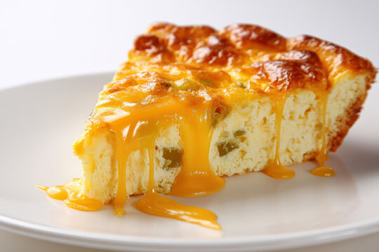 A slice of bread pudding topped with rich caramel sauce on a white plate, showcasing a moist, textured dessert with a golden-brown crust.