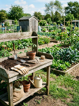 Weathered potting bench with tools and a compost sack in a green allotment