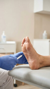 Podiatrist examining foot of patient with monofilament test. Medical professional performing diabetic neuropathy screening at clinic. Healthcare procedure for diagnostic of sensory nerve.