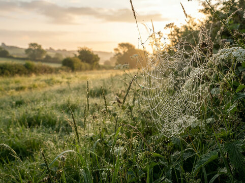 Dew covered spiderweb strung between grasses in a misty meadow at dawn