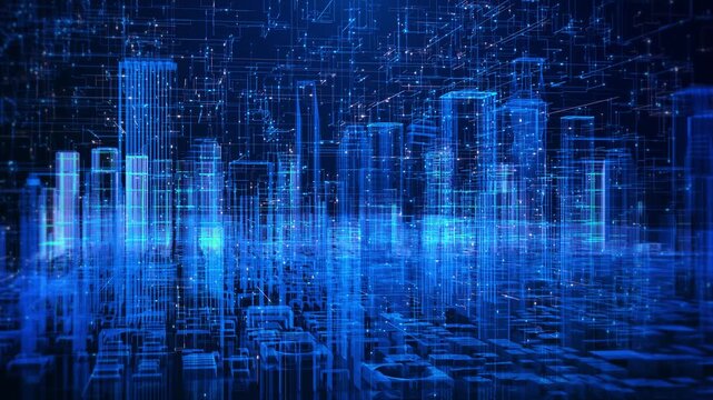 Glowing blue virtual city model visualizes advanced urban connected building infrastructure. digital twin, architecture, engineering, smart construction, city planning, cloud analytics AI 19.