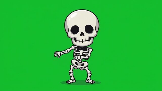 Cute cartoon skeleton character dancing on a green screen background
