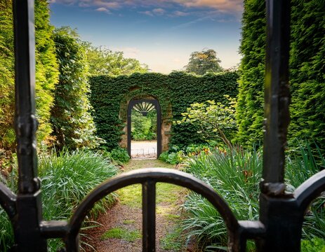 view through wrought iron gate into overgrown lush garden