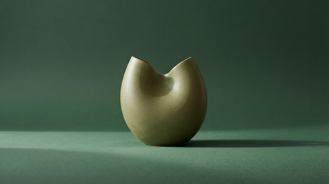 Bi lobed ceramic vase with a rough surface on a deep green studio backdrop