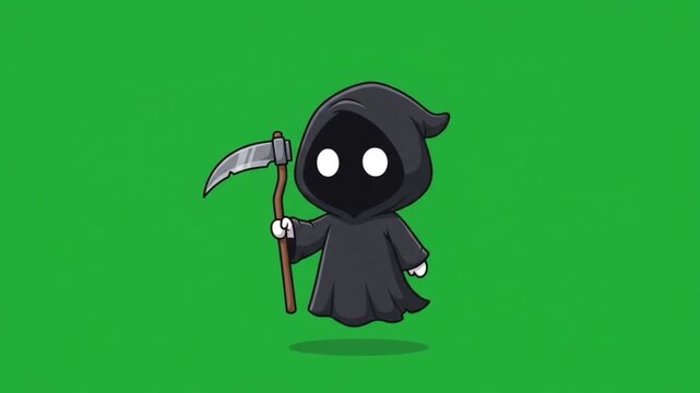 Cute cartoon grim reaper character holding a scythe on a green background