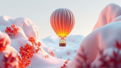 Obraz premium Hot air balloon floats above snowy landscape. Red foliage accents soft, rounded hills. Dreamlike, serene scene.
