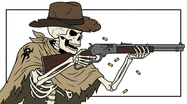 Skeleton Cowboy Gunslinger Firing Lever-Action Rifle, Undead Wild West Outlaw Vector Illustration