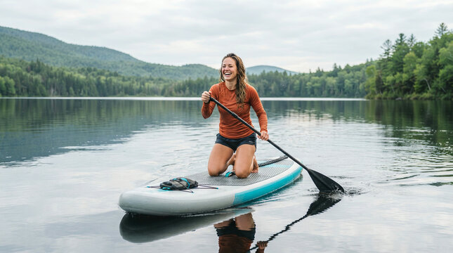 Joyful Woman Kneeling on Inflatable Paddleboard Celebrating with Raised Paddle on a Calm Lake
