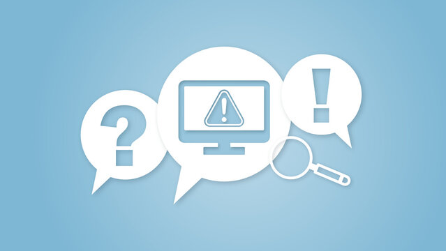 Conceptual IT support illustration with question and exclamation marks in speech bubbles, a computer monitor displaying an error warning, and a magnifying glass on blue background
