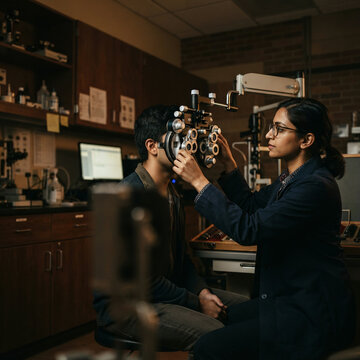 Female optometrist examining male patient with ophthalmoscope in professional eye clinic office
