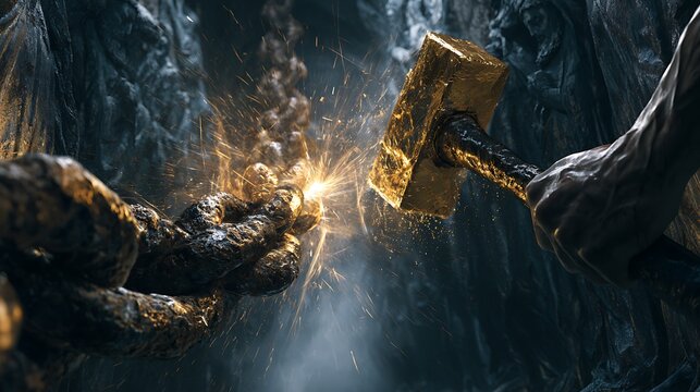 136. A conceptual metaphor for breaking a generational curse. A person using a golden hammer to shatter an ancient, rusted chain that stretches back into a long, dark tunnel of stone statues, 
