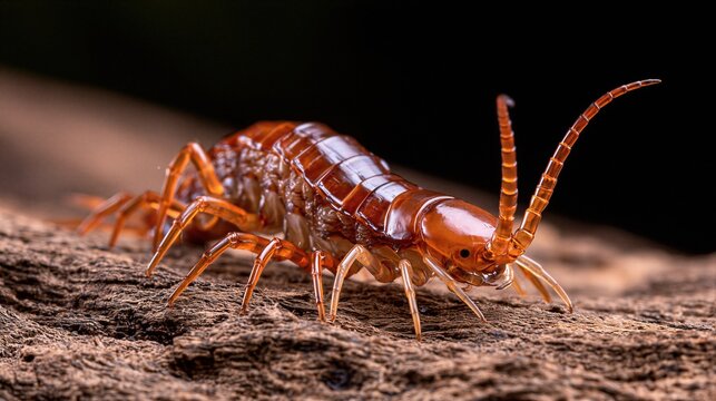 A detailed close-up of a vibrant red centipede crawling on a textured log.