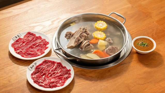 Chaoshan Beef Hot Pot, Traditional Teochew Cuisine With Paper‑thin Fresh Beef Slices Cooked In Clear Bone Broth Served With Satay Dipping Sauce