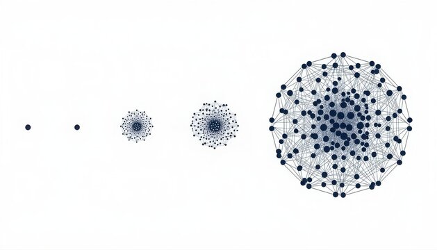 Monochrome network node cluster growing and connecting into dense globe structure with structure monochrome connection abstract technology communication expansion sequence evolution particle