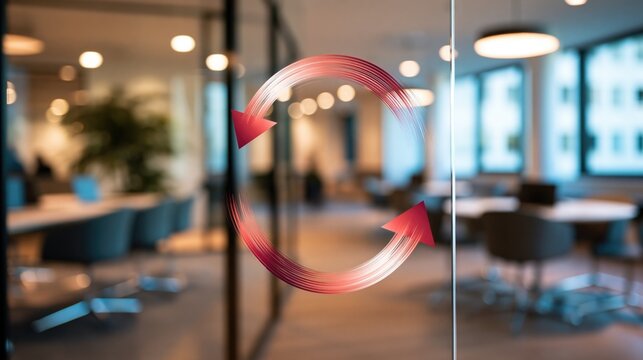 Feedback arrows on glass show loop in office with blurred room warm lights desks chairs windows and reflections for customer experience improvement and business review.