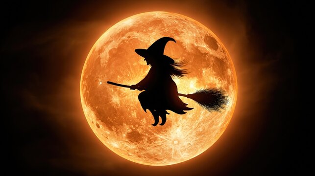 Witch silhouette flies on a broomstick before a giant orange moon, creating a Halloween backdrop with dark sky, glowing light, and spooky night atmosphere.