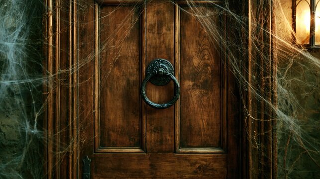 Wooden door with iron knocker, cobwebs and warm light creating a spooky Halloween entrance background.