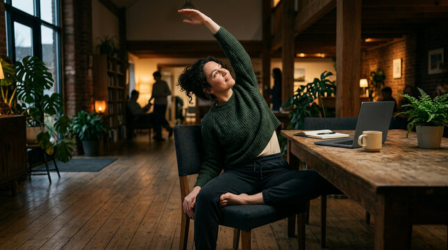 Woman stretching in office chair while working in modern coworking space for wellness and health
