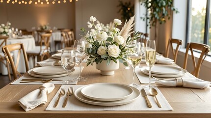 Fototapeta premium Elegant wedding reception tablescape with white floral centerpiece and gold cutlery in warm lighting