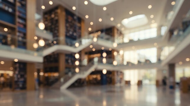 A modern library interior with large windows and open spaces, featuring multiple levels, bookshelves, and ambient lighting in a blurred background setting.