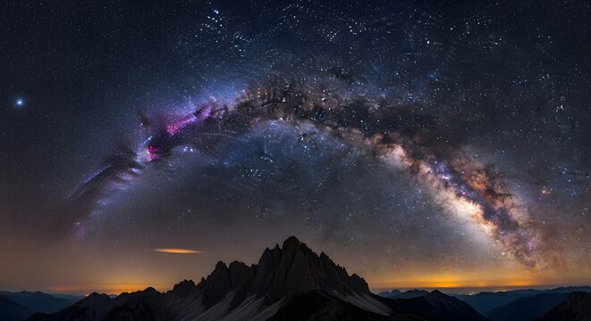 Bright milky way galaxy over dark mountain silhouette