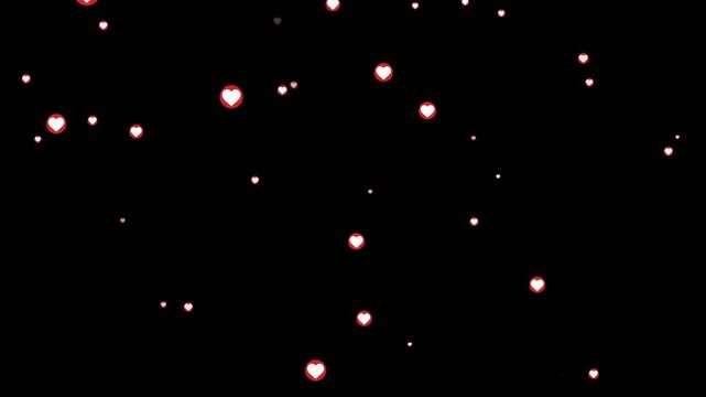 Floating red heart shaped icons descending smoothly against solid black background seamless loop motion graphic animation with drifting downward