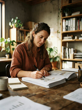 Woman seated at a wooden desk writing on a stack of papers in a light filled room with shelving