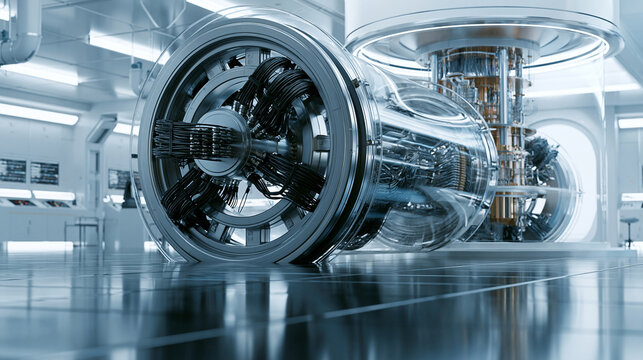 Sophisticated quantum computer processing core with glowing metallic cables for advanced data research and technology infrastructure.