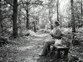 Fototapeta premium Woman sitting on a wooden bench holding a mug in a black and white forest photo