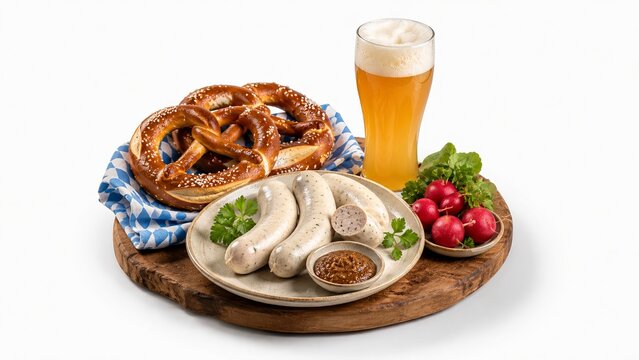 Traditional Bavarian breakfast with weisswurst sausages, sweet mustard, pretzel and wheat beer, isolated 3d render