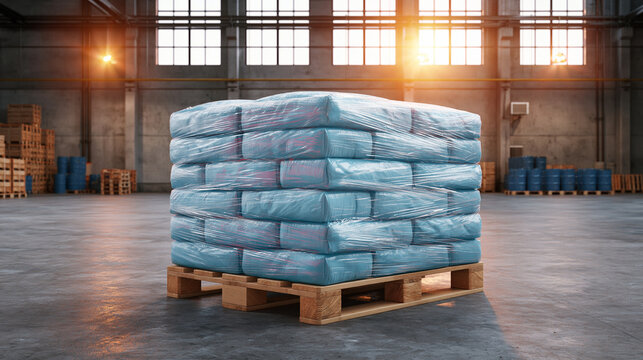 Stack of blue bags on a wooden pallet wrapped with transparent plastic in storage facility.
