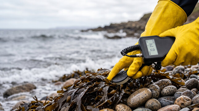 Scientist using geiger counter to measure radiation on seaweed near the ocean. Environmental testing of coastal nature for radioactive contamination. Ecological safety and research.