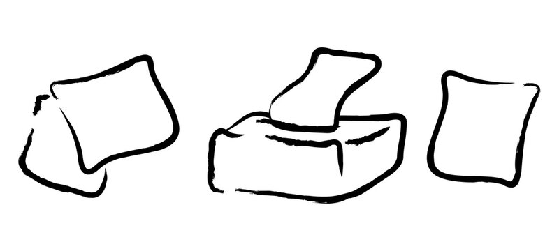 Vector set of tissue paper and soft paper napkins. Hand drawn doodle of handkerchief and facial tissues. Personal hygiene elements for bathroom and domestic use. Minimalist line art brush icons.