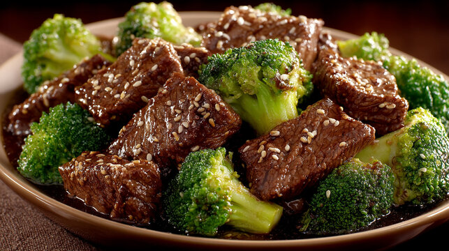 Close up of beef and broccoli stir fry plated on a ceramic dish with broccoli, delicious