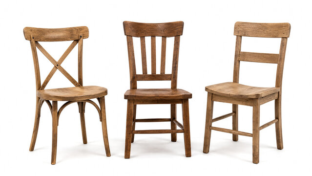 Rustic wooden dining chairs set featuring cross back slatted and ladder back designs isolated on white background.
