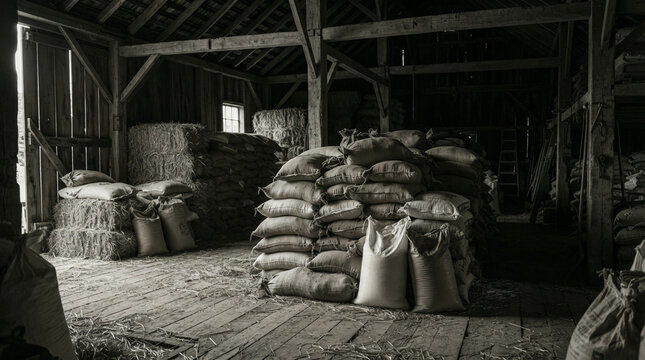 Burlap sacks stacked inside an old barn photographed in black and white light
