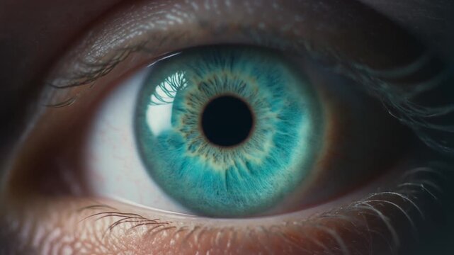 Extreme macro footage of a single beautiful healthy human eye with a luminous turquoise iris for national eye exam month