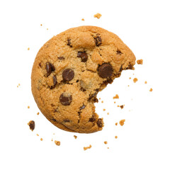 Naklejka na ściany i meble Delicious round chocolate chip cookie with a bite taken out, surrounded by crumbs on a white background