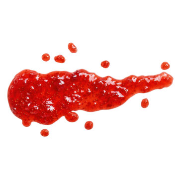 Vibrant red strawberry jam spread with small seeds and glistening droplets isolated on a clean white background