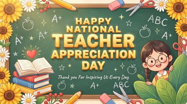 Happy teachers day illustration celebrating educators with books flowers and a smiling student