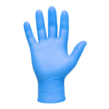Single light blue disposable medical glove is shown with an open palm gesture, isolated on a clean white background