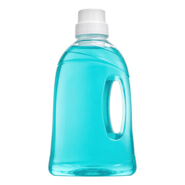 Clear plastic bottle filled with bright blue liquid detergent and a white cap, isolated on a clean white background