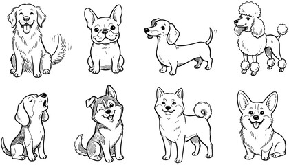 Obraz premium Cute pet animal illustration collection featuring dogs and cats in different breeds, poses, sitting positions, and playful line art