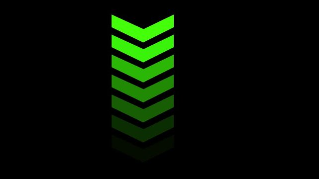 Green neon chevron arrows moving downward loop, digital loading progress indicator animation motion