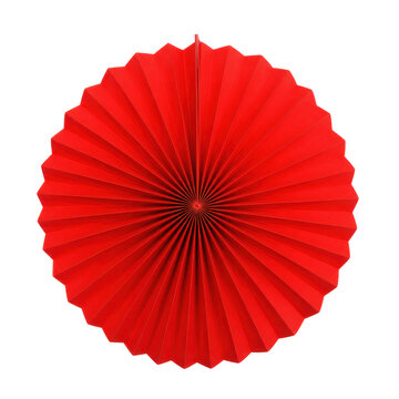 Vibrant red paper fan decoration, meticulously folded into a circular shape, stands out against a clean white background