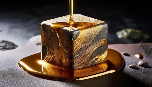 macro shot of liquid gold pouring onto a textured stone cube the molten metallic fluid creates smooth swirls and shimmering ripples under warm sophisticated studio lighting