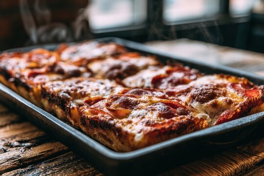 Close-up of rectangular Detroit-style pizza with melted cheese on a dark pan